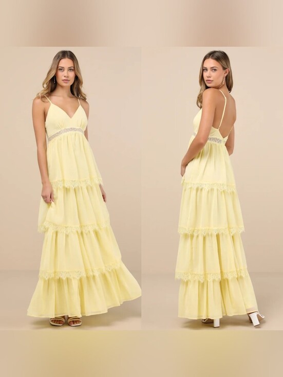 Reeds Spring Prom Lulus | Dresses | Lulus Reed Light Yellow Tiered Lace Maxi Dress Xs ...